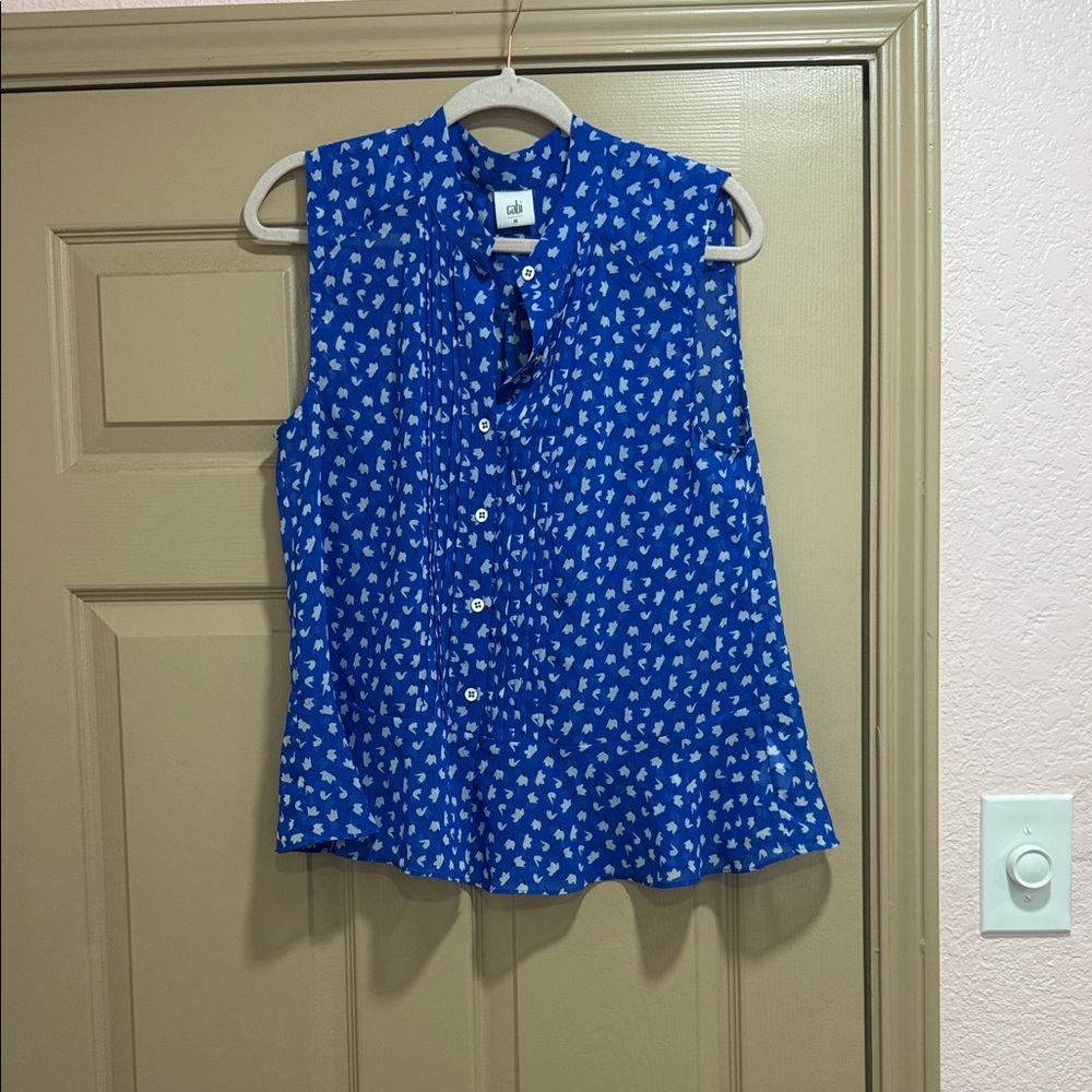 CAbi Royal Blue Sleeveless Blouse with White Accents